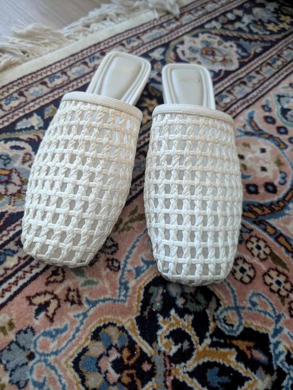 Franco Sarto Cream Woven Slip-On Mules in Excellent Condition